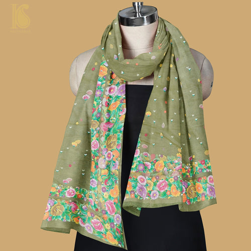 Pastel Green Pure Organza Silk Dupatta with Hand Print - Khinkhwab