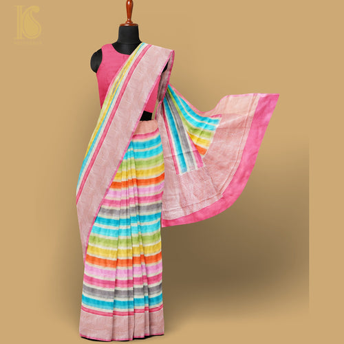 Cranberry Pink Pure Georgette Handloom Stripes Banarasi Saree - Khinkhwab