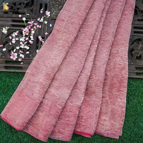 Oriental Pink Wrinkle Pure Tissue Silk Saree - Khinkhwab