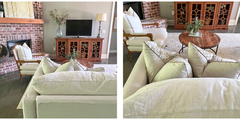 custom designer pillow covers using a natural solid linen on back, single-sided pillows