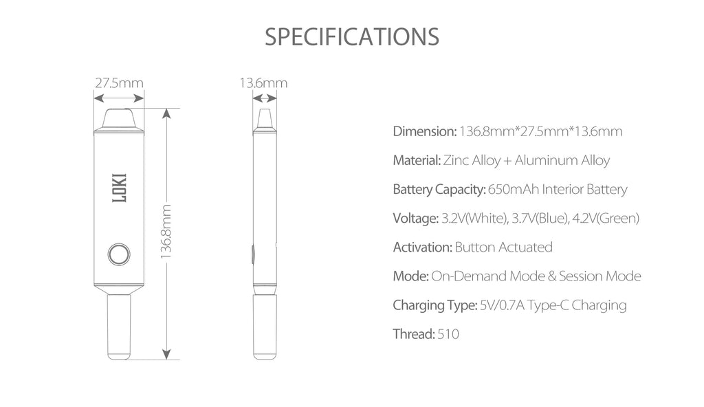 Yocan Loki Electric Nectar Collector Specifications