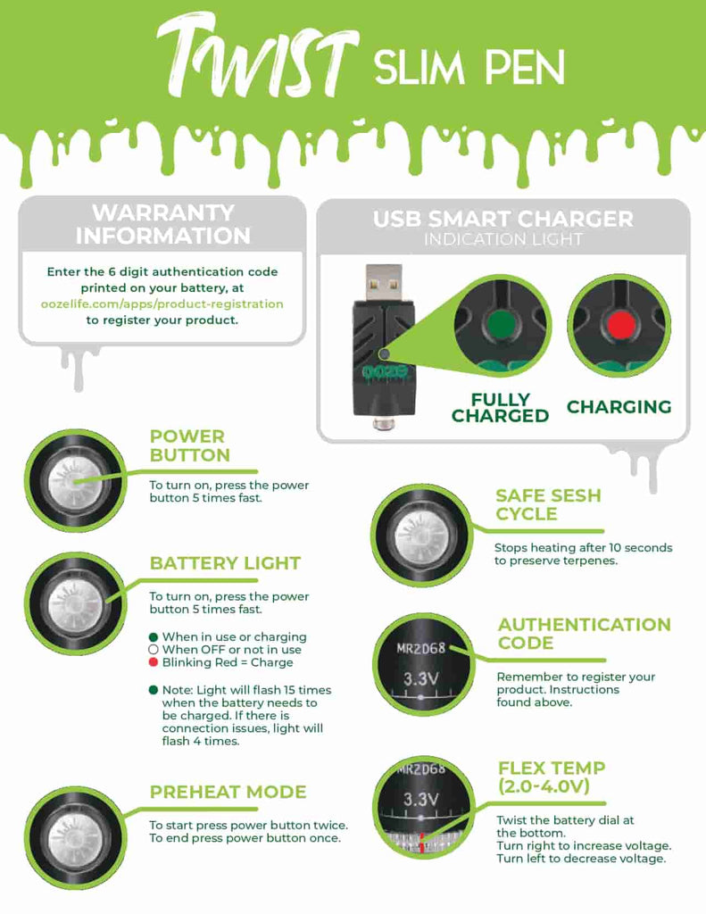 OOZE - Slim Pen Twist Battery + Smart USB for KING's Pipe Manufacturer Warranty Information