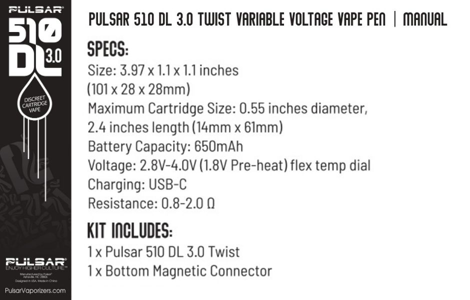 Pulsar 510 DL 2.0 Auto-Draw Cart Vape Device Specification