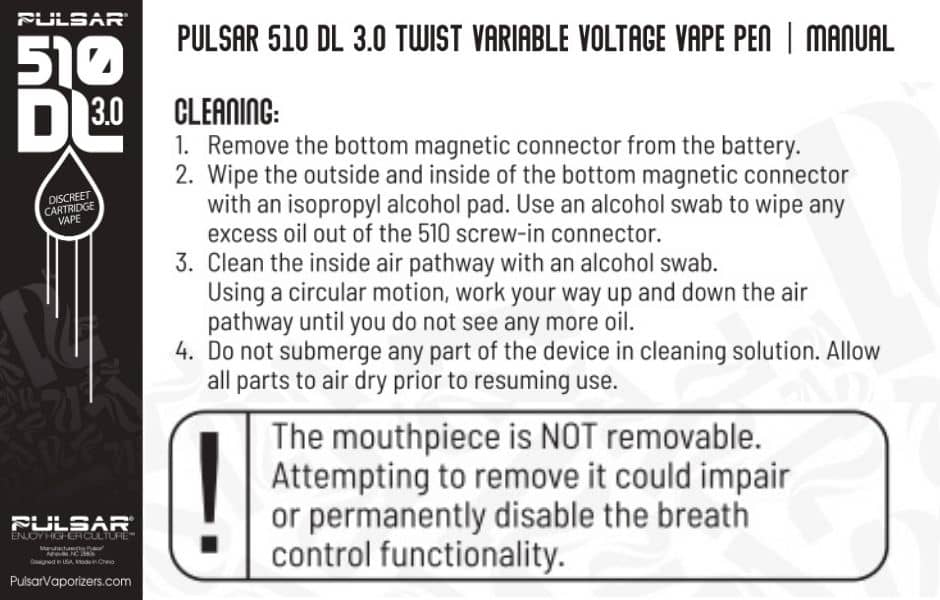 Pulsar 510 DL 2.0 Auto-Draw Cart Vape Cleaning Manual