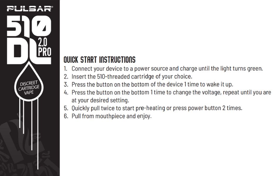 Pulsar 510 DL 2.0 PRO Auto-Draw Cart Vape Bar Start Guide