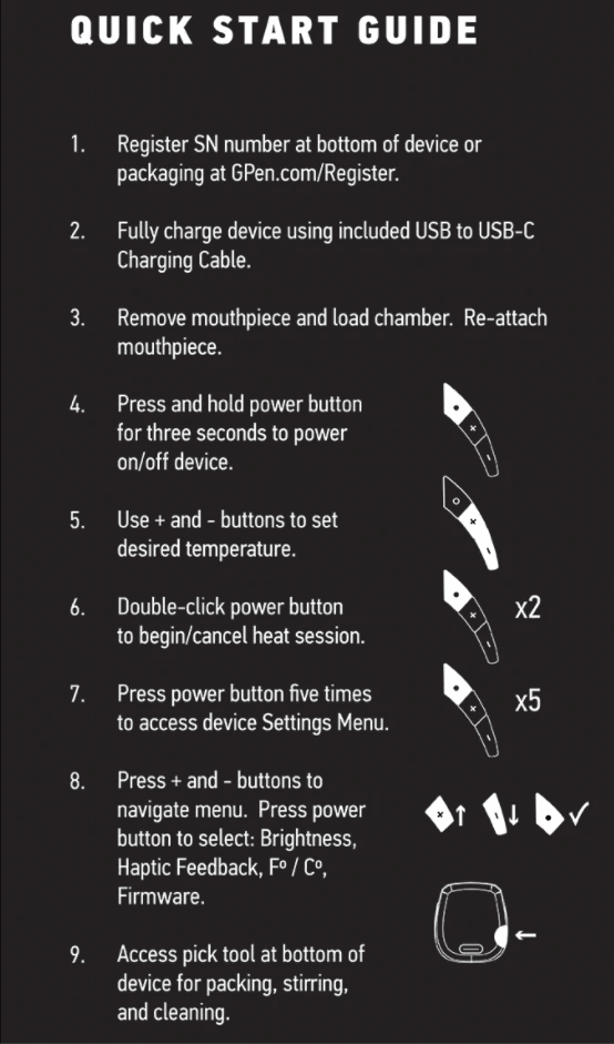 Quick start guide for the Grenco - G Pen Elite 2 Vaporizer Kit