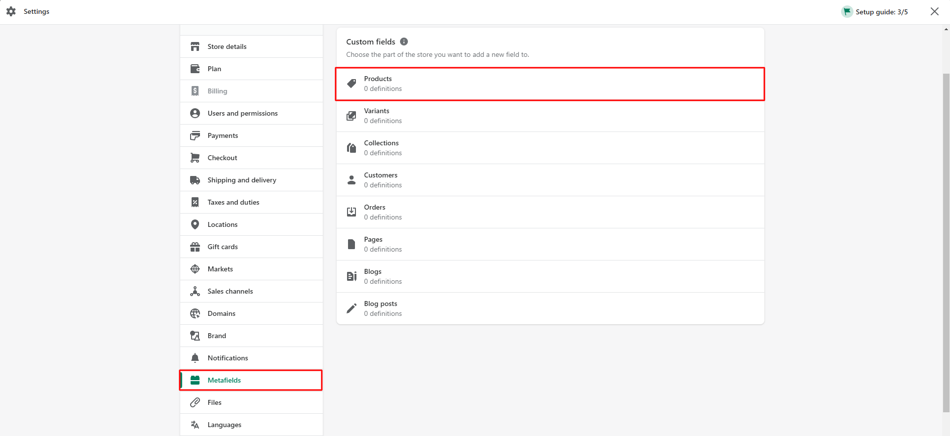 Configuration de Metafields Shopify