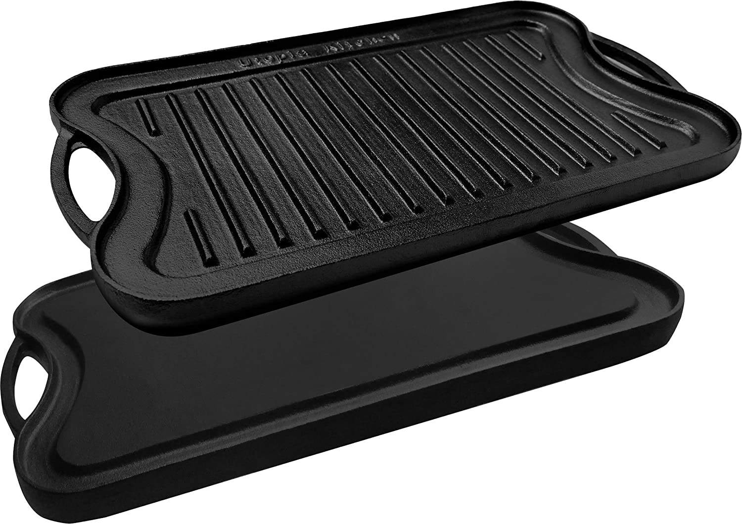 Cast Iron Flat Top Griddle Set and Griddle Accessories, Includes  Reversible Cast Iron Griddle, Stove Top Griddle Press and Grill Pan  Scrapers, Grill Plate measure 17 x 9 inch, Black