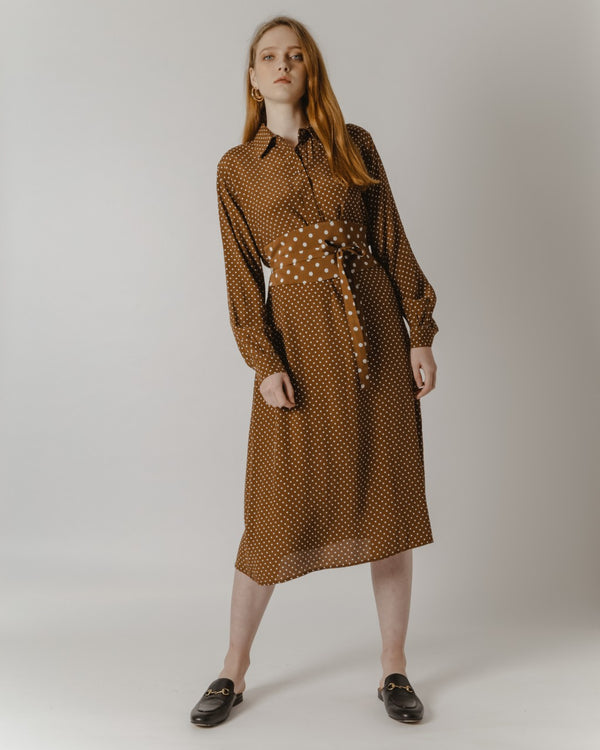 Belted Brown Polka-Dot Midi Dress