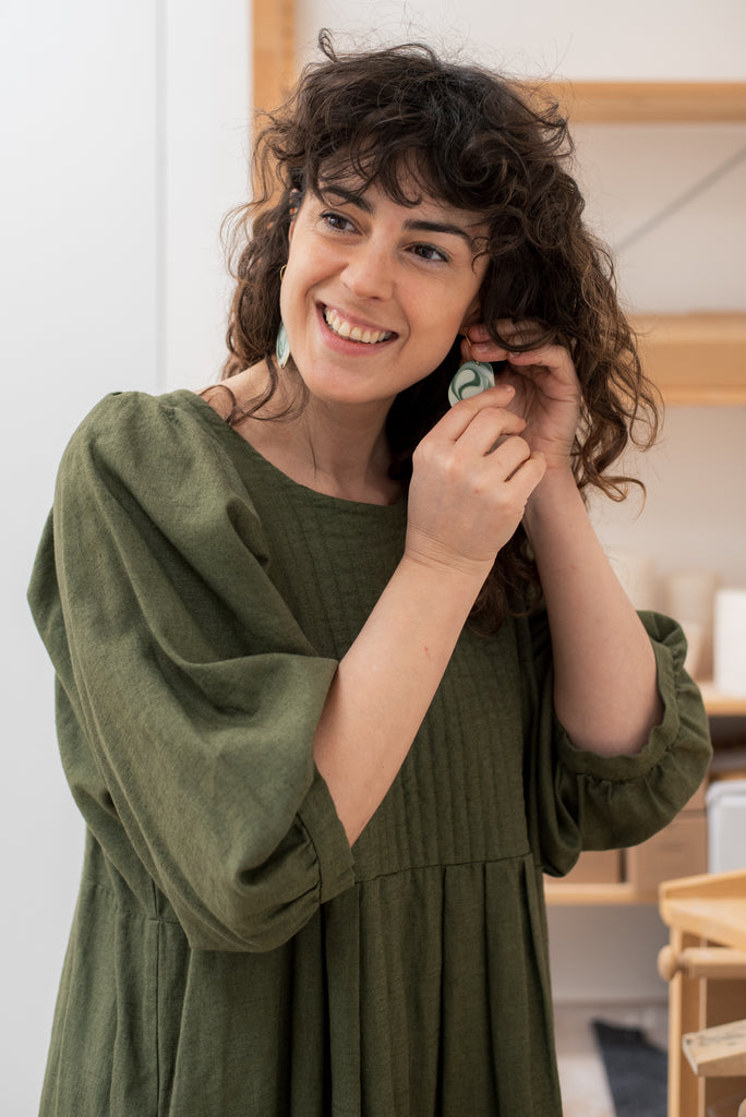 Ana from Abalon Studios wears olive green quilt dress from THE REGULAR, The Regular Works