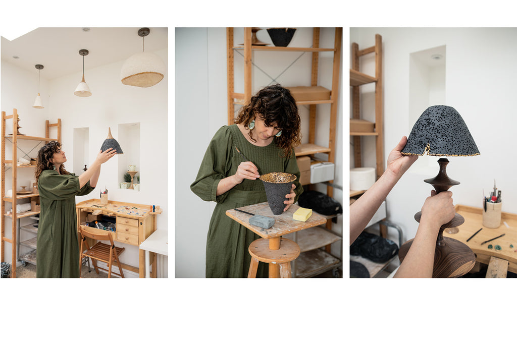 Ceramicist Ana Bridgewater from Abalon Studios wearing THE REGULAR Quilt Dress in olive linen