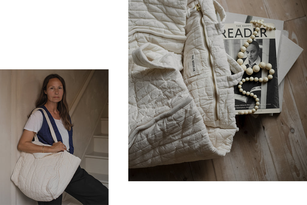 (left)Carissa wears quilt vest and supersized quilty tote bag from THE REGULAR (right) Quilty tote bag in cream calico cotton