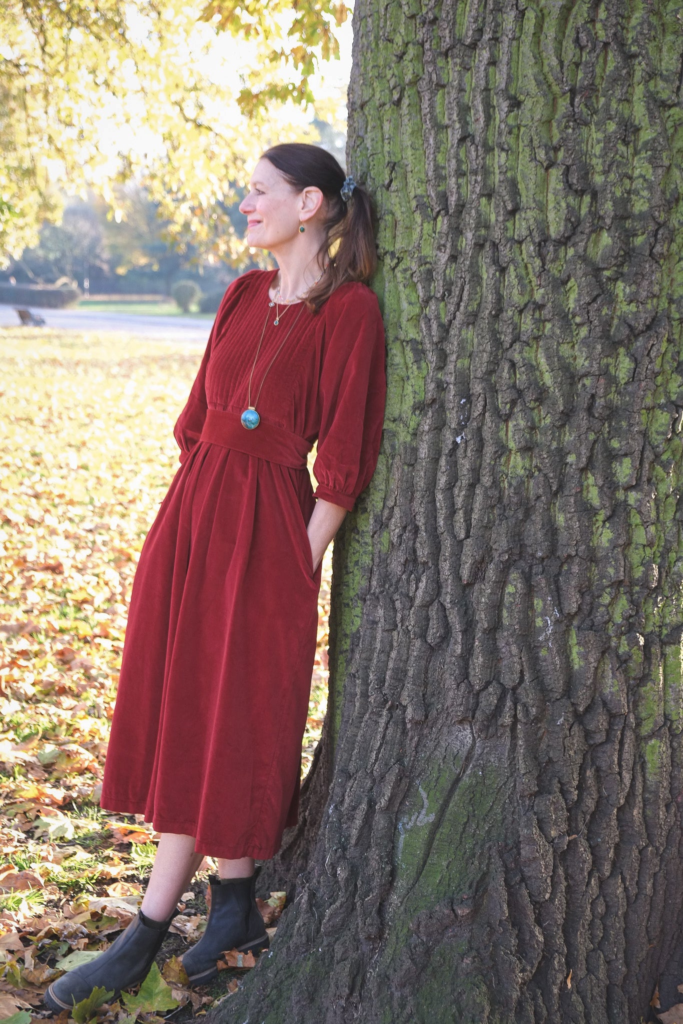Michelle Mason from Mason and Painter x THE REGULAR works Quilt Dress in red garnet velvet