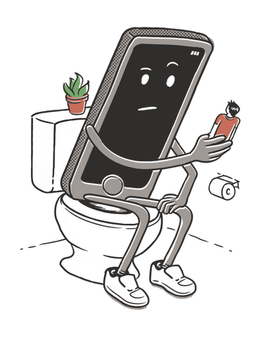 A human-sized phone sitting on the toilet holding a phone-sized human ironically