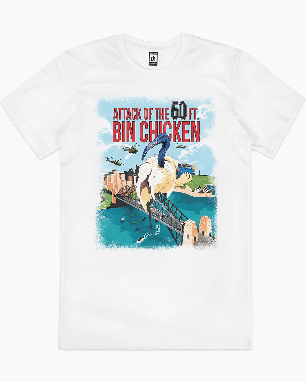 Attack of the 50ft Bin Chicken T-Shirt Australia Online #colour_white