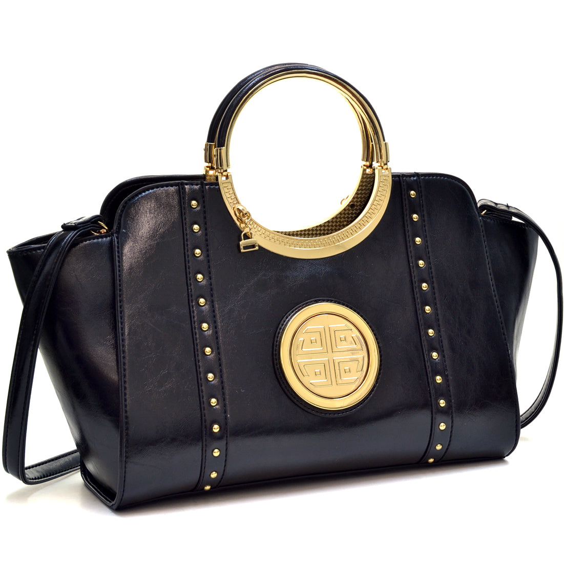 Dasein庐 Deep Gloss Gold Tone Studded Winged Emblem Bag