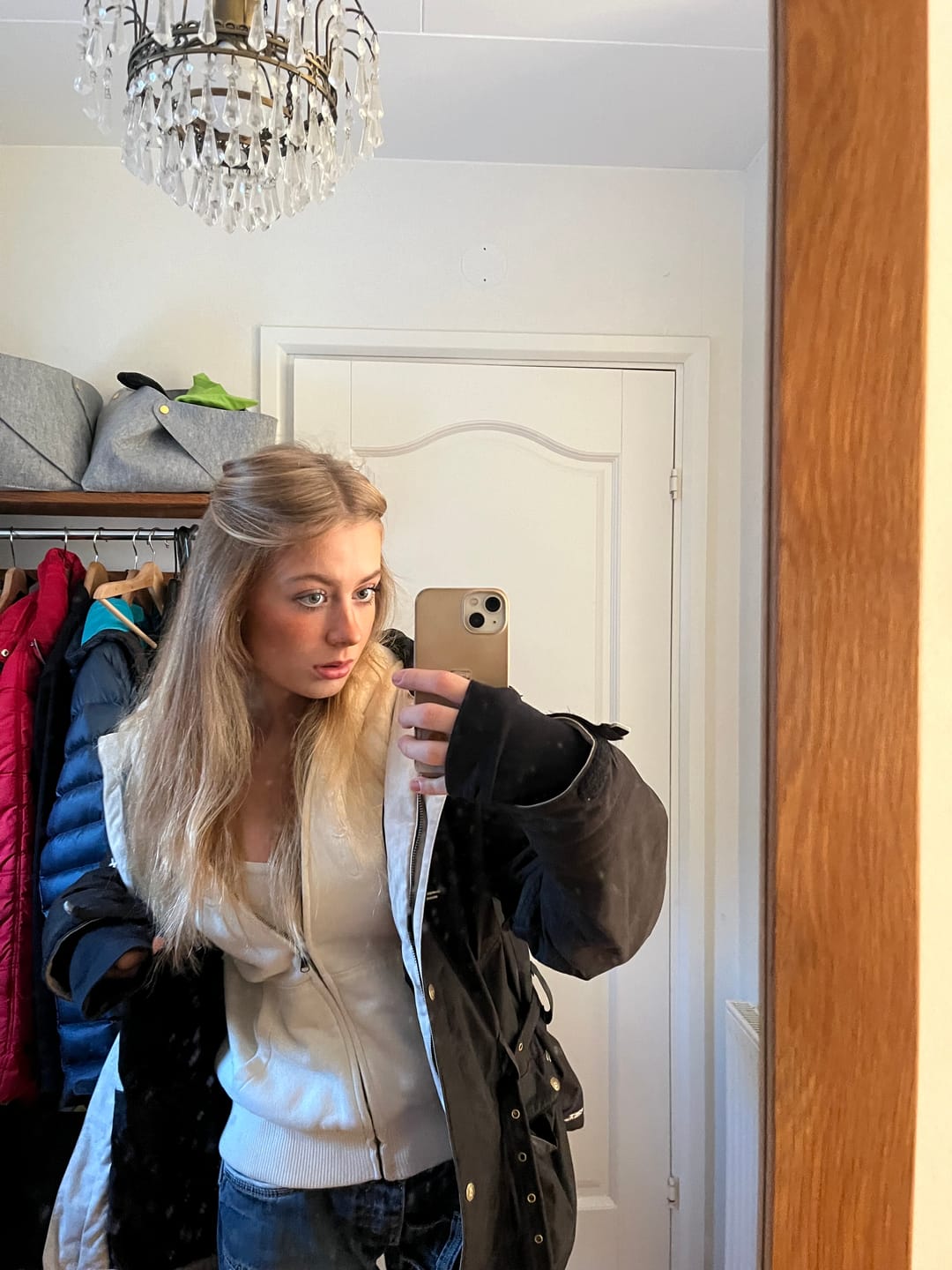 Person taking a mirror selfie in a room with a chandelier.