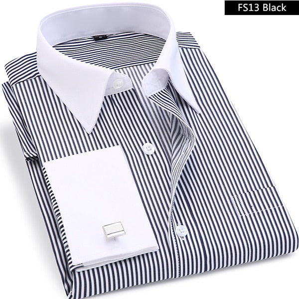 mens black and white striped dress shirt with white collar