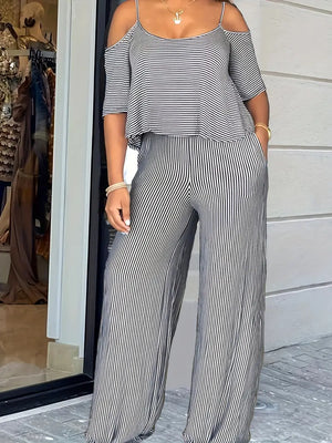 Stripe Print Cold Shoulder Top & Wide Leg Pants With Pockets - Glam 4 Ever