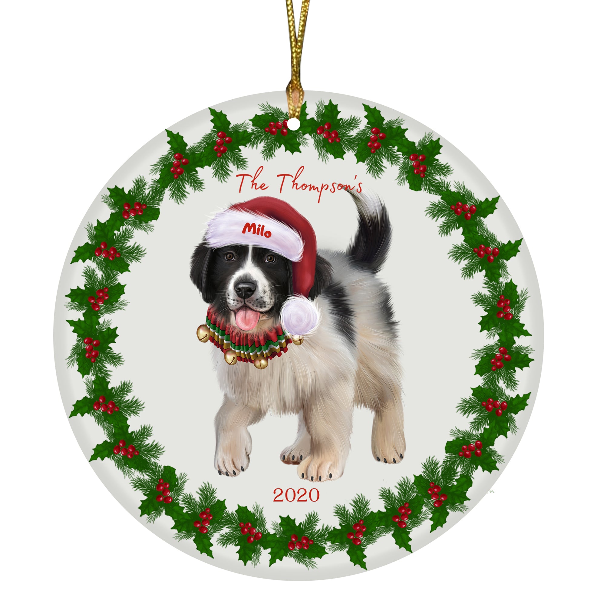 Personalized Holly Berry Trimming Newfoundland Dog Ceramic Round Flat — Pets and Peeps