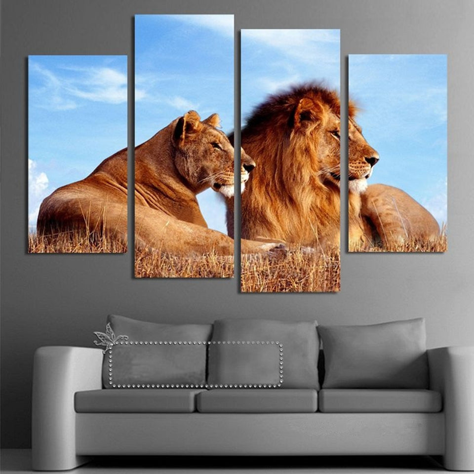 4 Panel Lion Lioness Canvas Wall Art Hd Print Blackcatcanvas