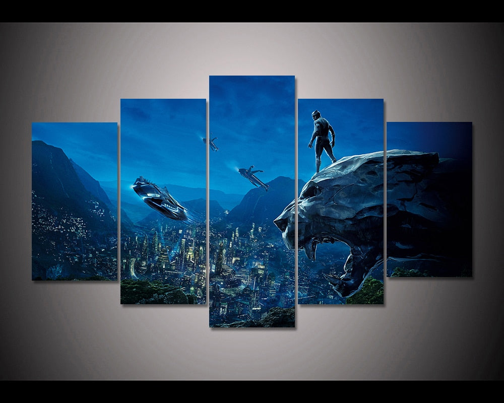 5 Panel Framed Black Panther Skyline Modern Canvas Wall Art Hd Print Blackcatcanvas