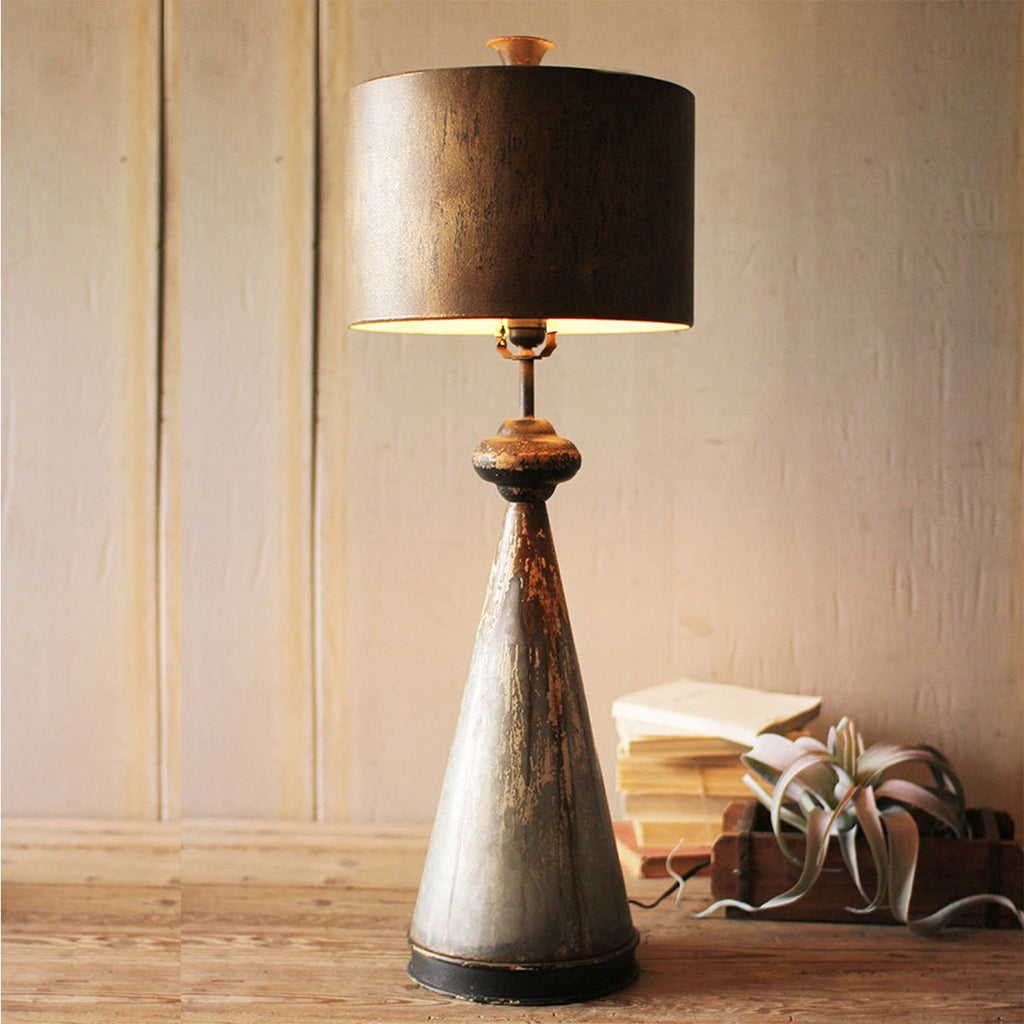 distressed round black metal table lamp