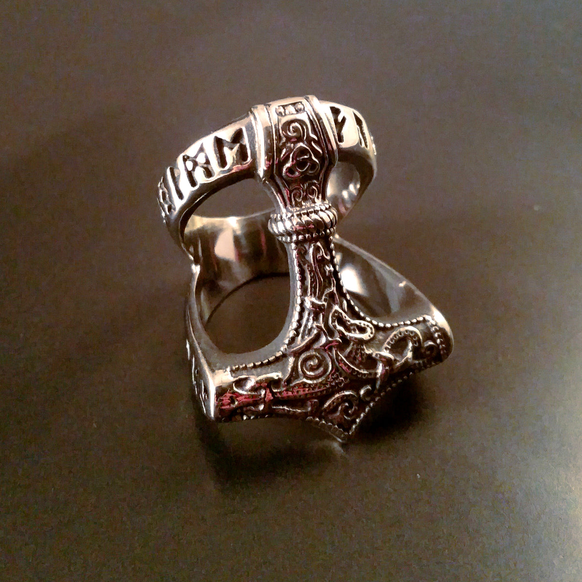 Thor's Hammer Ring Silver Mens Runes Norse Viking Style – Fenris