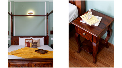 Collage: front view of wooden 4-poster bed, closeup top view of wooden bedside table