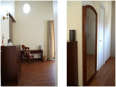 Collage: chest of drawers (left) and ornate wooden work desk and chair set (front), large mirror with wooden frame