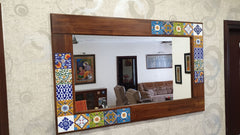 CustHum-made handcrafted rectangular mirror with tiles embedded in the wooden frame