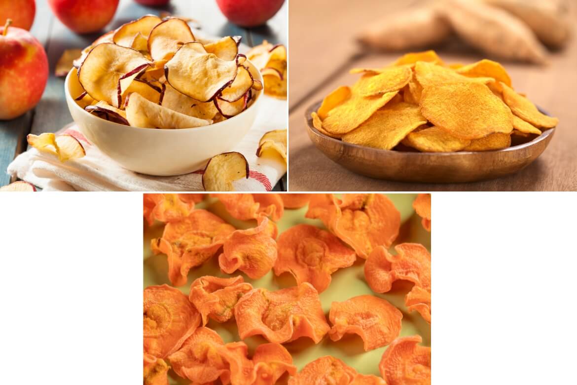 Several different types of safe chip alternatives for dogs including sweet potato and apple chips