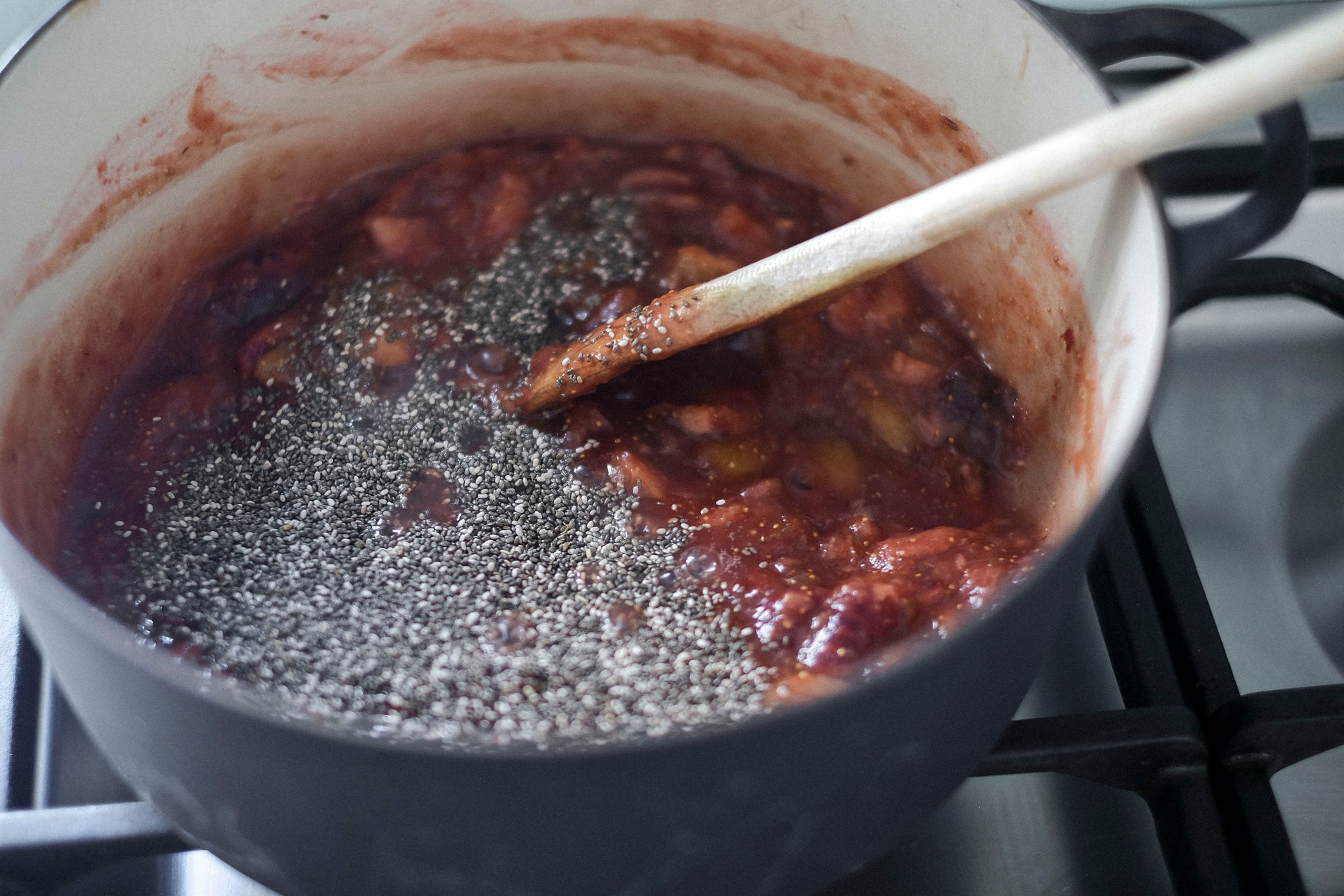 Chia and Fig Jam. Add figs, dates and lemon juice to a pot and cook on low heat for 15 minutes, stirring occasionally. www.jentl.com.au