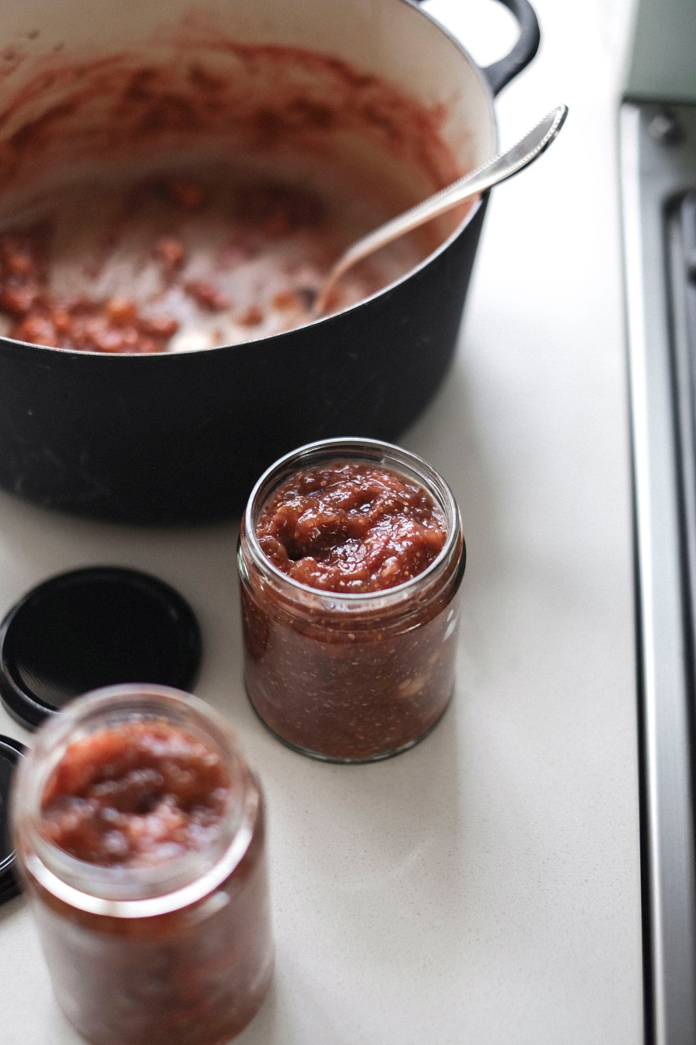 Homemade fig and chia jam. Once complete add to collected recycled jars and store in fridge.