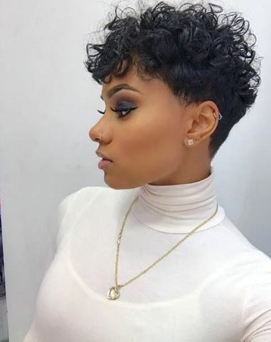 woman with curly pixie cut