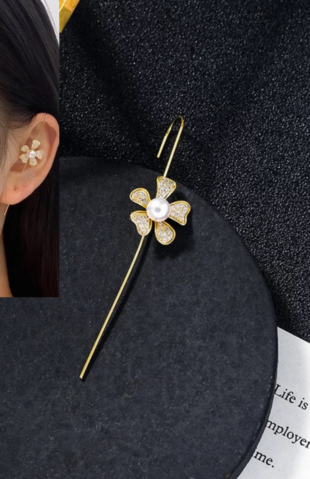 Gold Flower Pearl & CZ Ear Cuff Earring