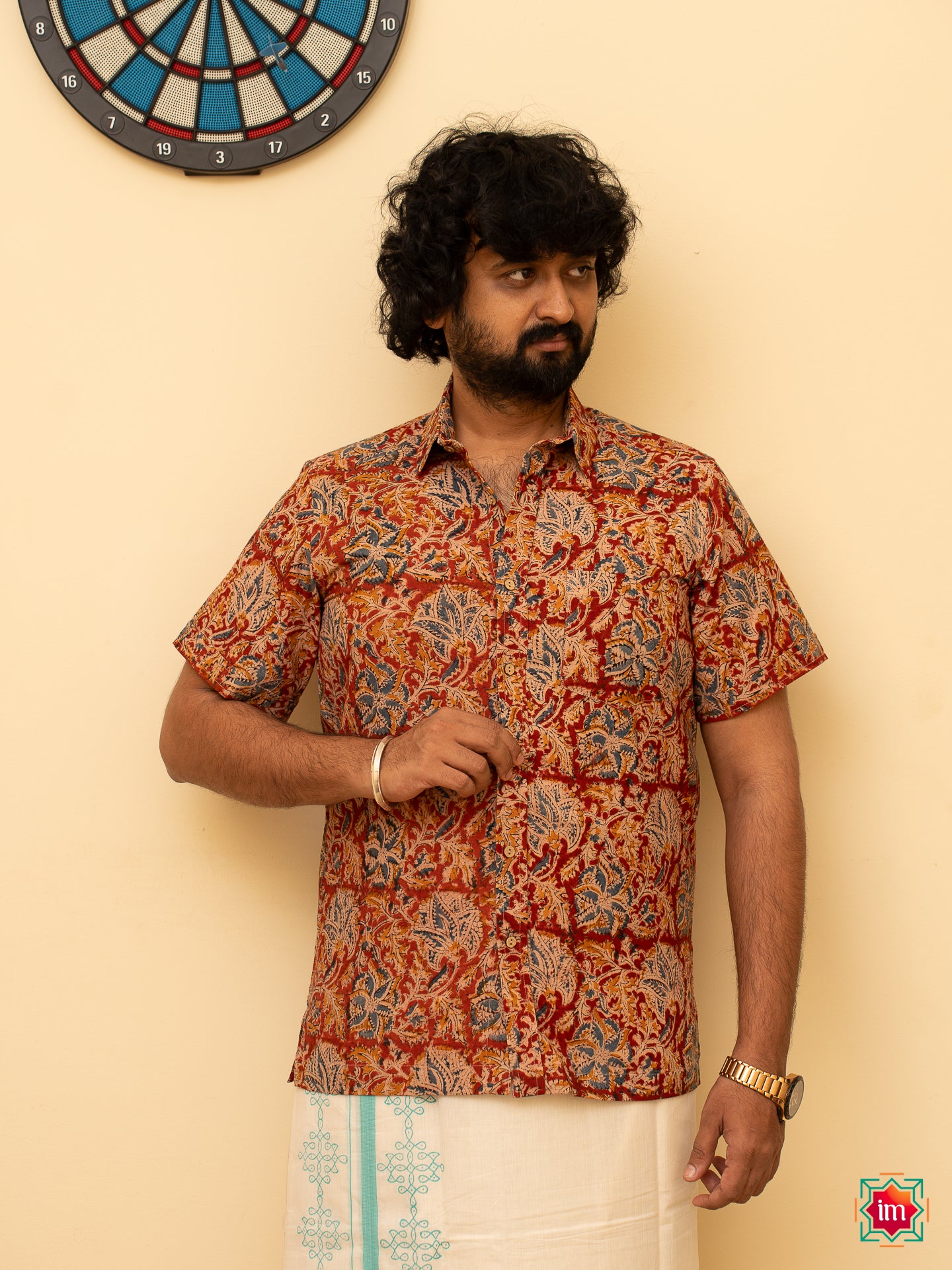 Red Kalamkari Handblock Printed Cotton Mens Shirt Kedar-38
