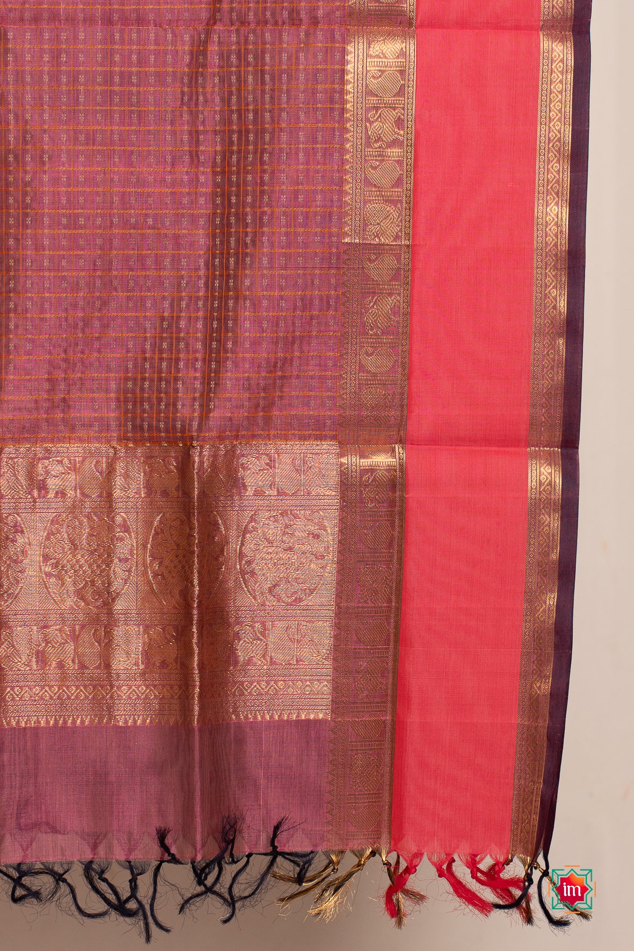 Purple Pink Lakshadeepam Butta Handloom Kanchi silk Cotton Dupatta Visalam