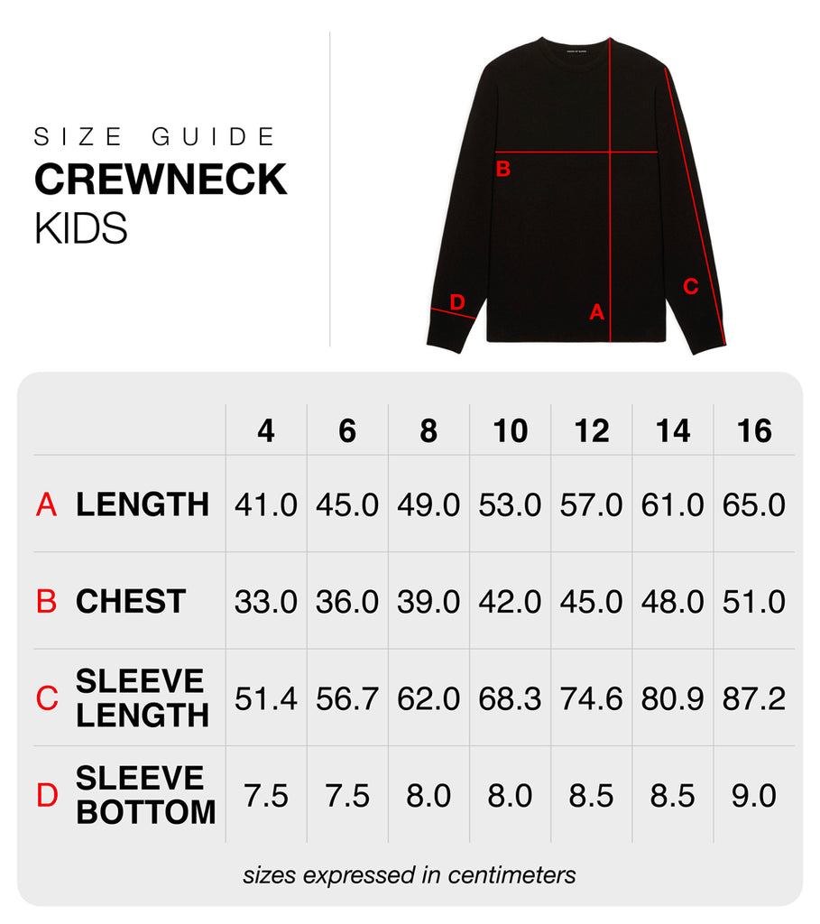 Size guide kids crewneck