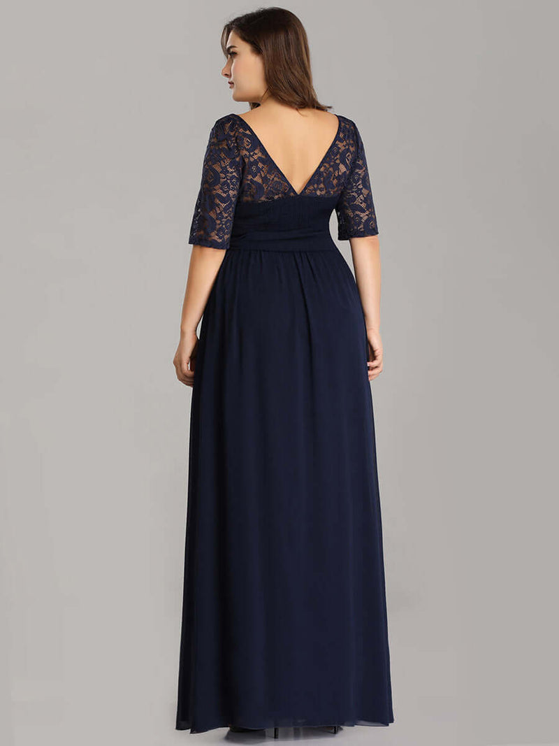 La Femme Lace-Sleeve Long Plus-Size Formal Dress