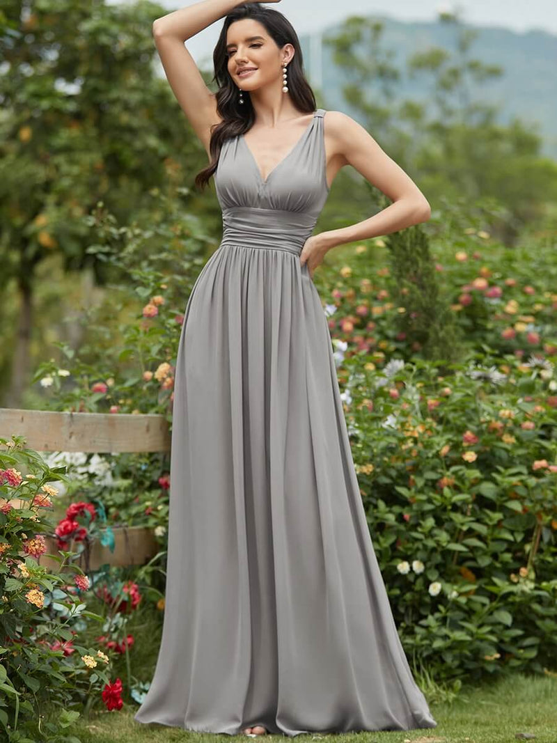 Plus Size Grey V-neck Chiffon Bridesmaid Maxi Dress-Mia