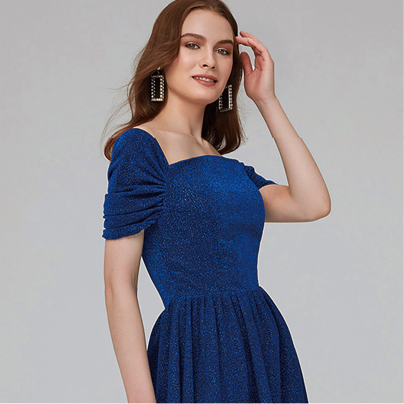 WornToLove Plus Size Off The Shoulder A-line Blue Sparkling Bridesmaid Dresses Evening Gown