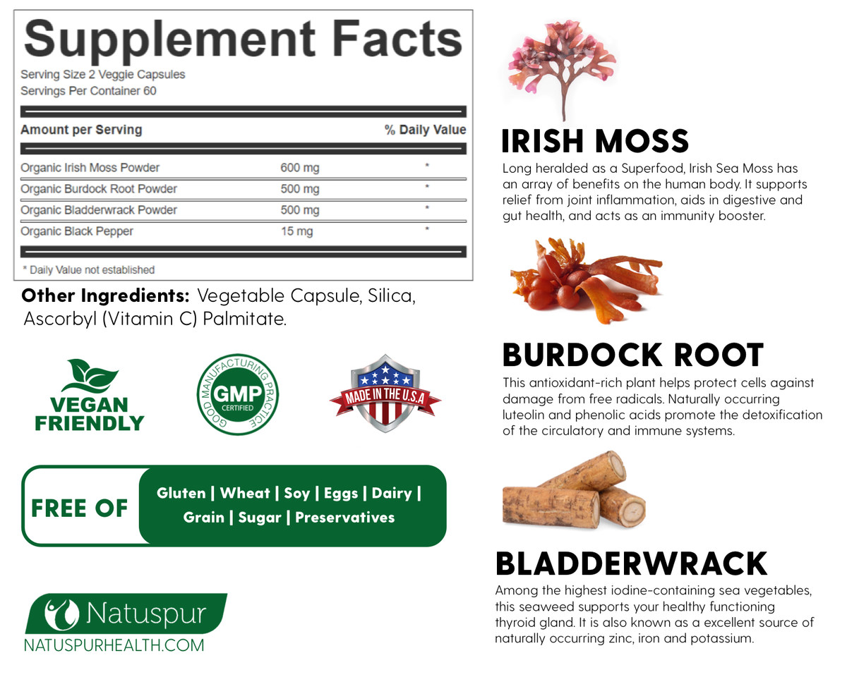 Irish Sea Moss 1600mg Organic Supplement With Bladderwrack And Burdock Natuspur 