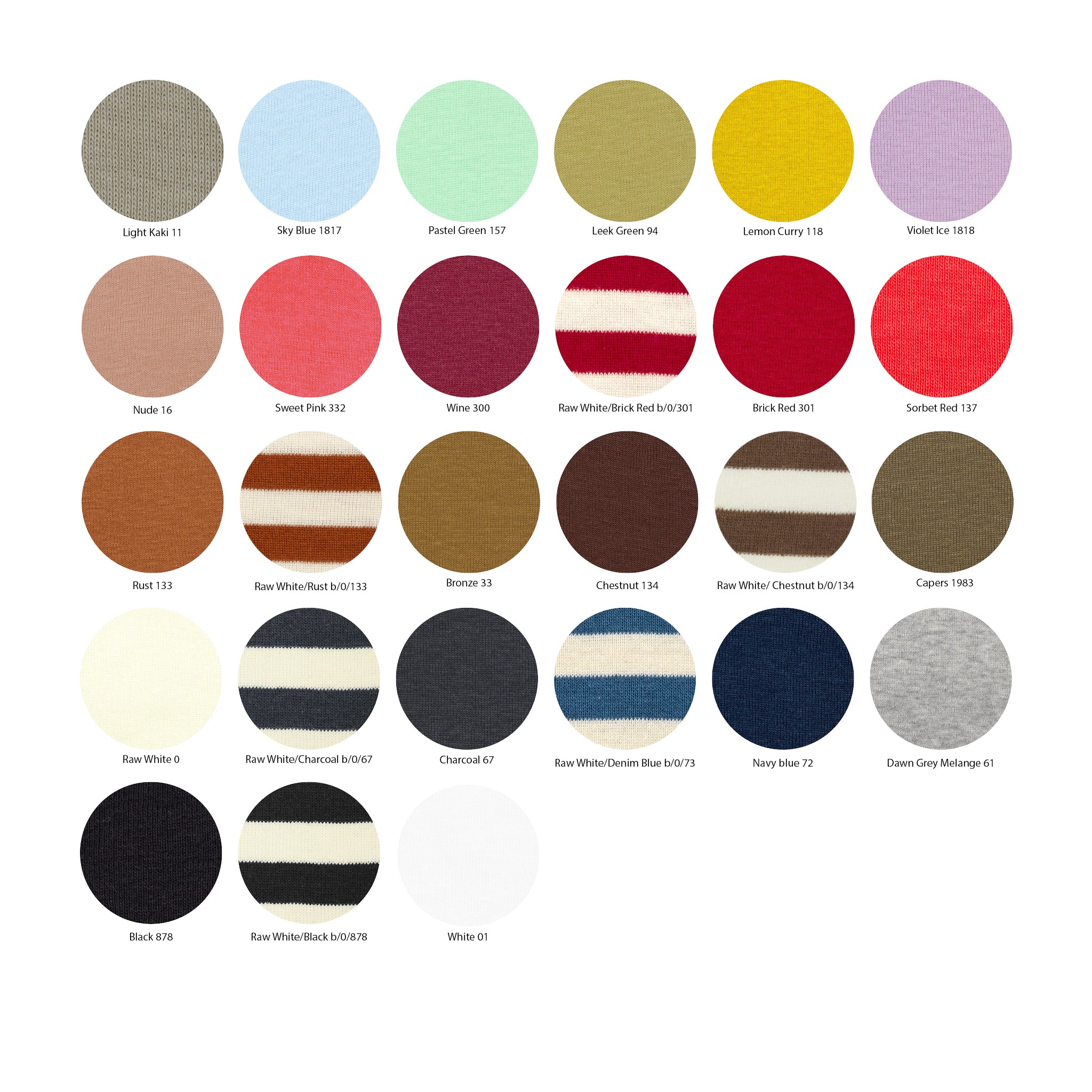 Färgkarta med cotton by basics 25+ bomullsfärger, med engelska benämningar och färgkoder