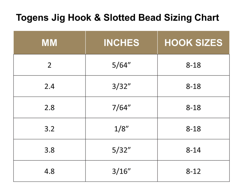 Togens Bead/Hook Sizing Chart Togens Fly Shop