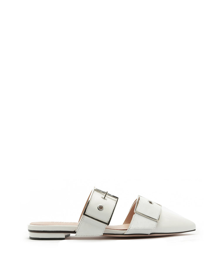 white buckle mules