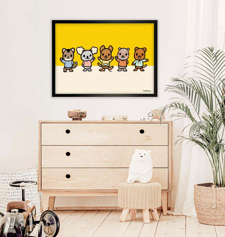 Roobee Roo and Friends print on wall in modern children's room.