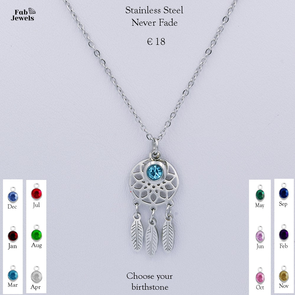 Stainless Steel Necklace Dreamcatcher Pendant Personalised Birthstone Charm