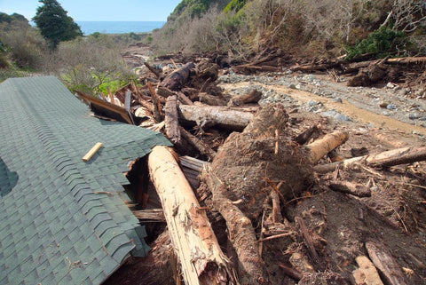 Damage to a structure caused by the 2020 wildfires and mudslides.