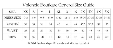 Valencia Boutique Ge Size Guide 